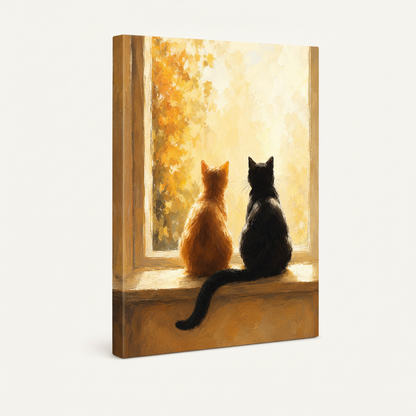 Gallery-wrapped canvas print of two cats autumn window oil painting, angled side view on white background