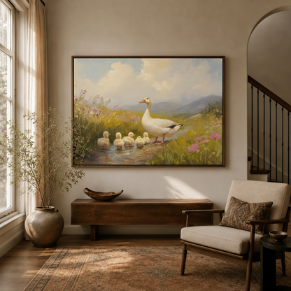 Classical goose and ducklings canvas art hanging in warm entryway beside staircase and linen armchair