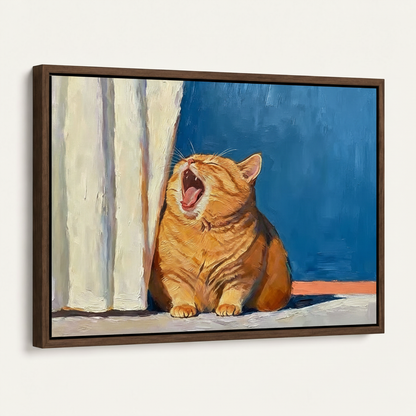 Chubby yawning orange cat canvas in dark walnut float frame angled product view white background