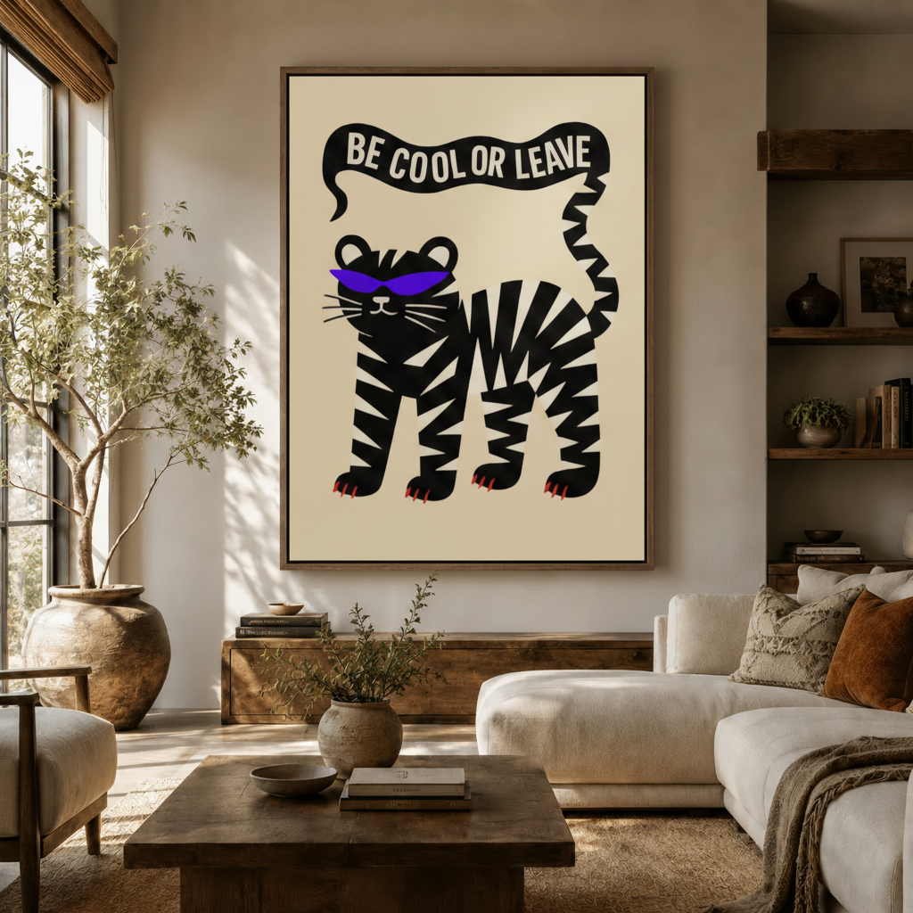 Be Cool Or Leave tiger poster canvas print displayed above sofa in warm neutral living room