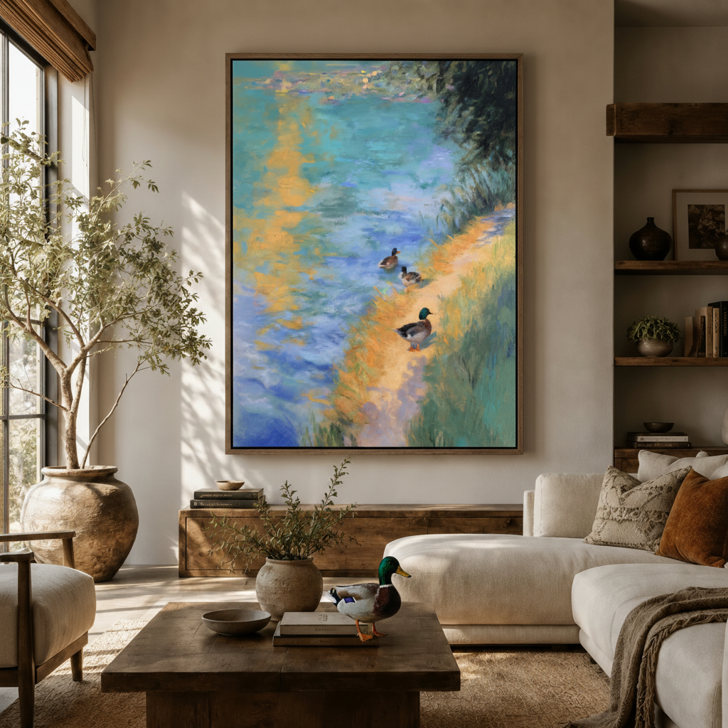 Riverside mallard duck canvas displayed above sideboard in warm modern living room with olive tree