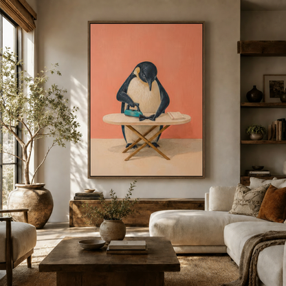 Large whimsical penguin canvas art hanging in a bright modern living room
