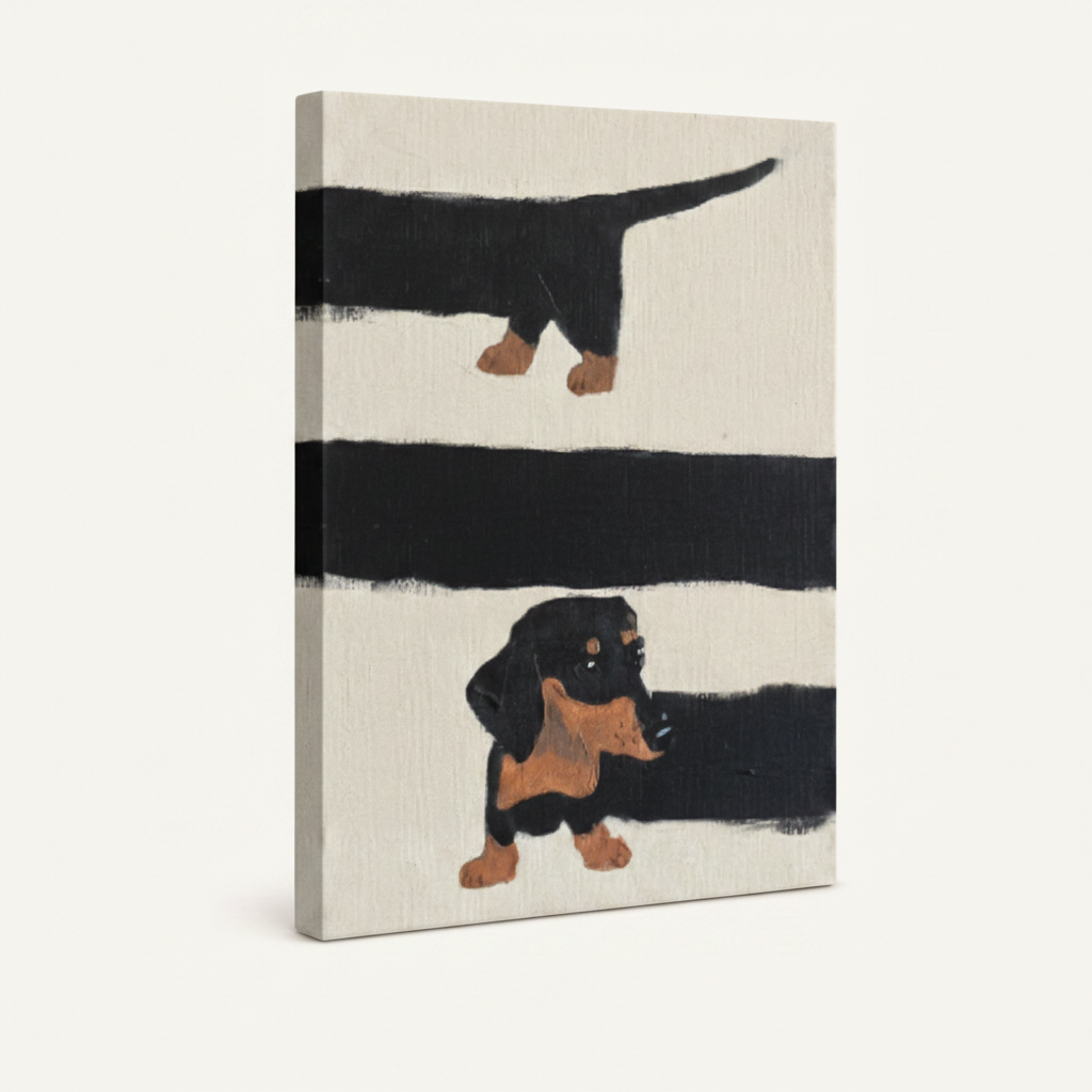 Gallery-wrapped dachshund canvas print side view showing thick canvas depth