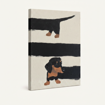 Gallery-wrapped dachshund canvas print side view showing thick canvas depth