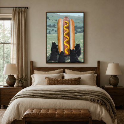 Surreal black cat hot dog funny canvas wall art hanging above bed in cozy bedroom interior