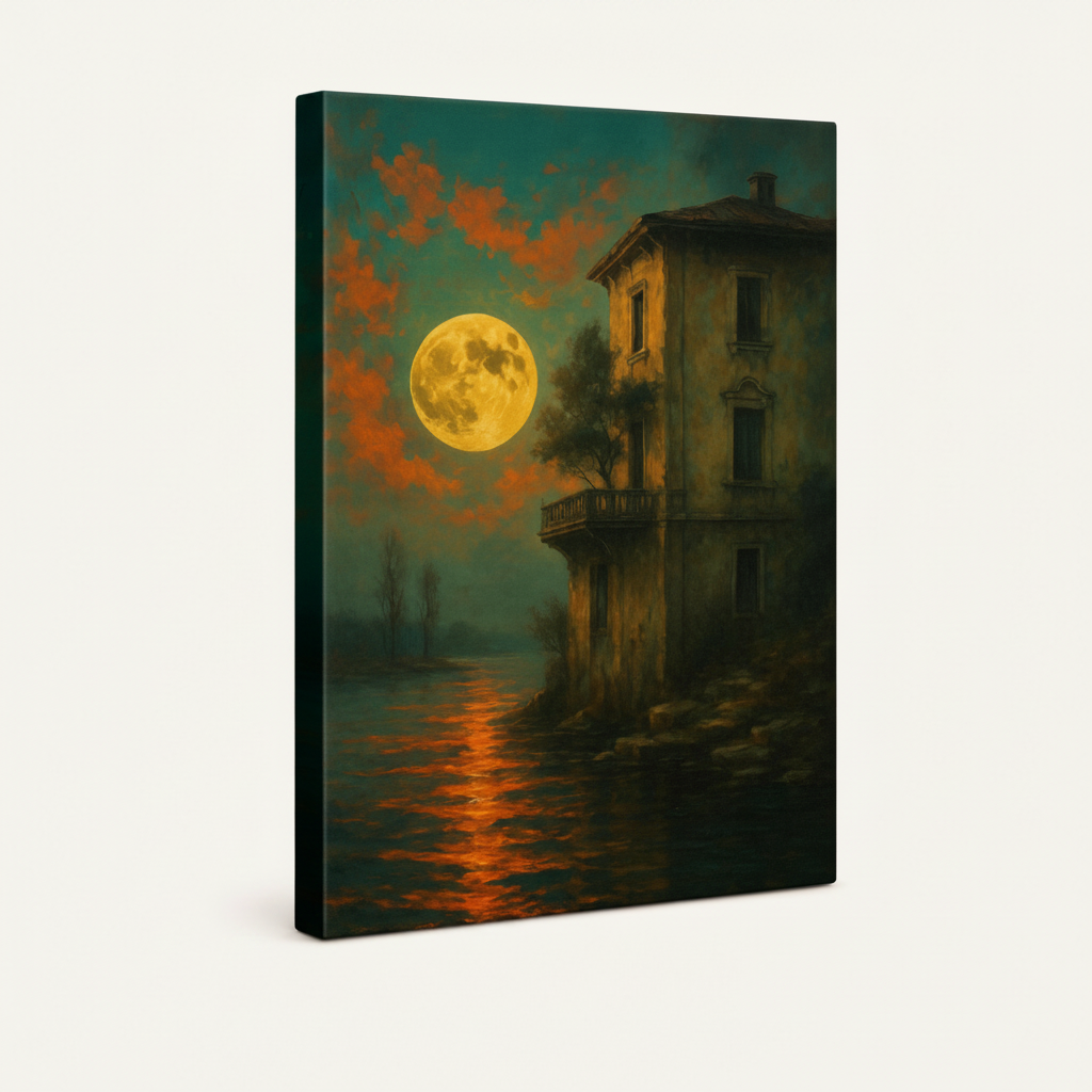 Gallery-wrapped canvas side view showing dark teal-black edges with moonlit Venice oil painting print