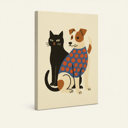 Gallery-wrapped cat and dog canvas angled product view on cream background, no frame
