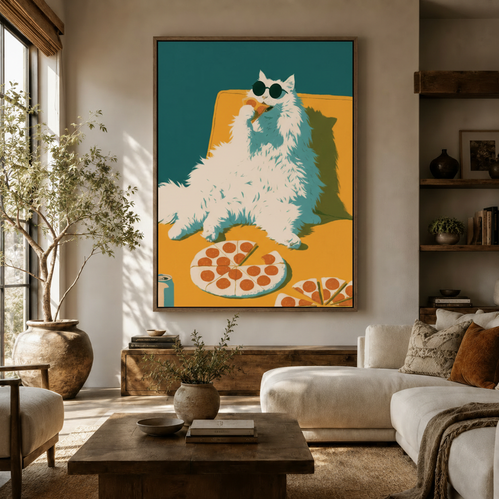 Funny cat sunglasses pizza pop art canvas hanging in warm modern living room with olive tree and sofa