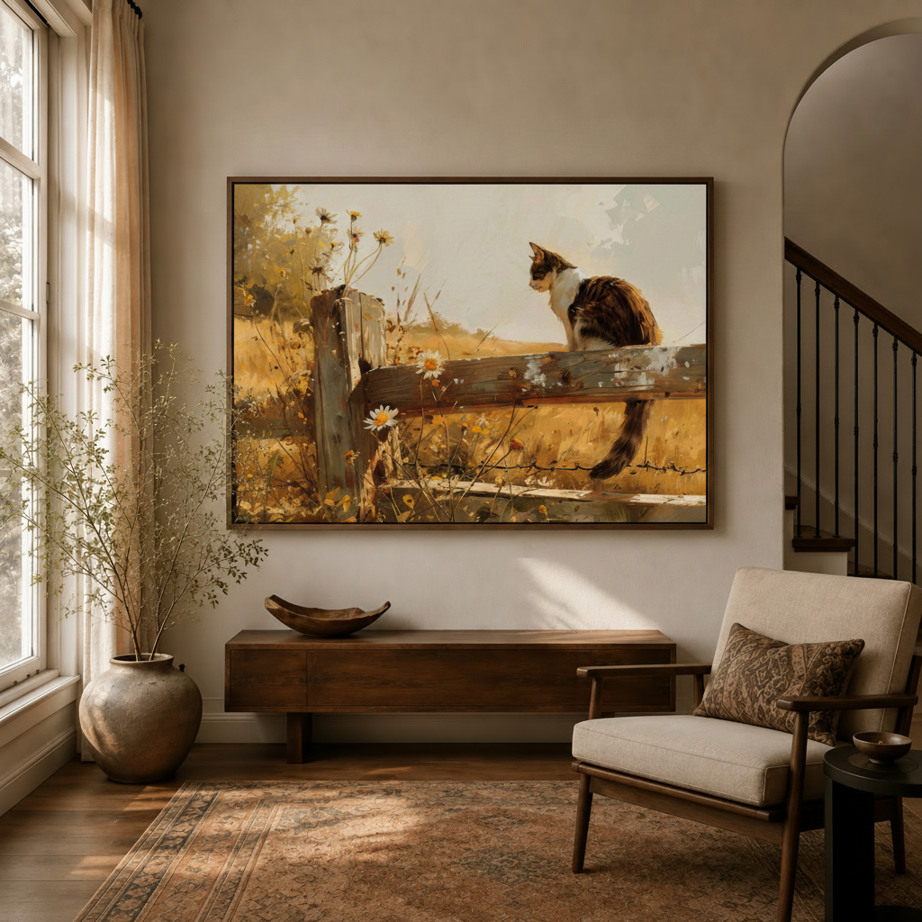 Tuxedo cat gazing over golden field impressionist canvas above console in warm entryway beside armchair