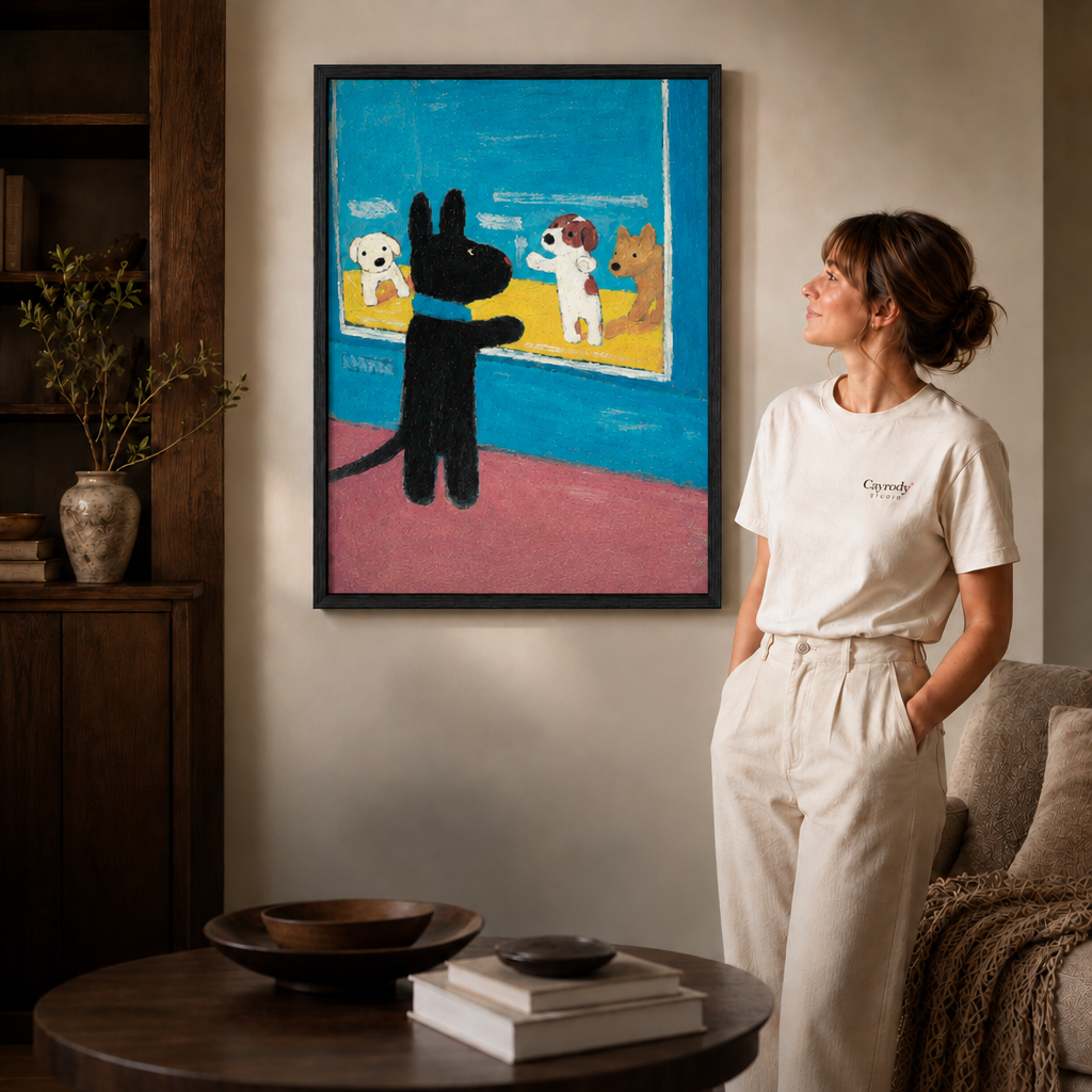 Slim black frame displays colorful rabbit and dogs art beside a woman in a cozy room.⠋