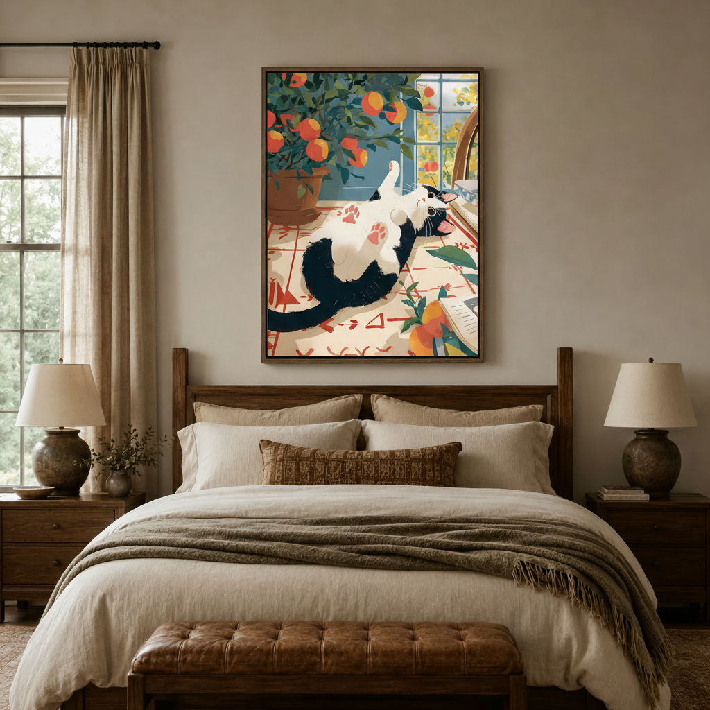 Bedroom scene — whimsical tuxedo cat canvas wall art displayed above a dark wood bed with warm linen bedding