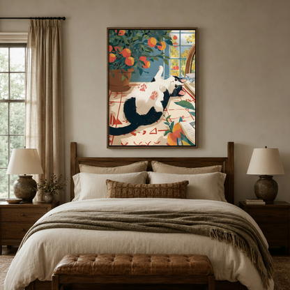 Bedroom scene — whimsical tuxedo cat canvas wall art displayed above a dark wood bed with warm linen bedding