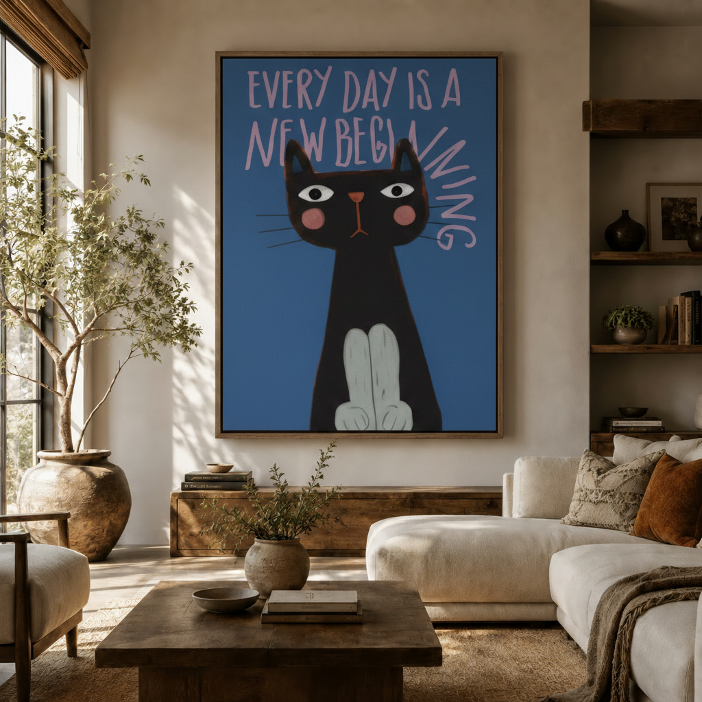 Black cat every day is a new beginning flat art canvas in natural wood frame above rustic living room sideboard
