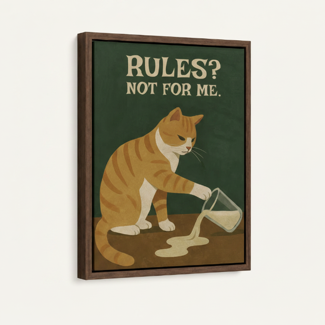 Framed vintage cat poster canvas print with dark walnut floating frame on clean cream background