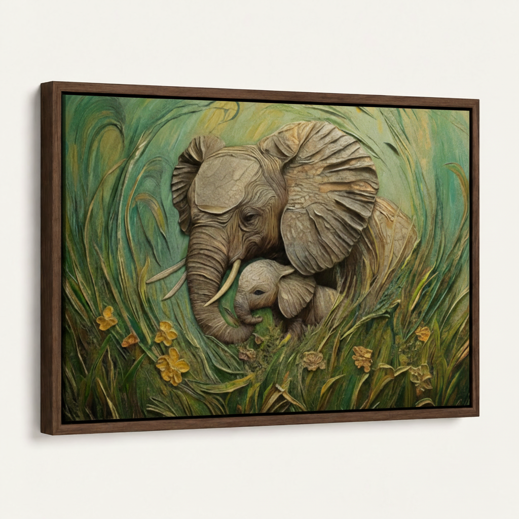 Dark walnut floater frame canvas of impasto mother elephant and baby art on off-white background, angled view