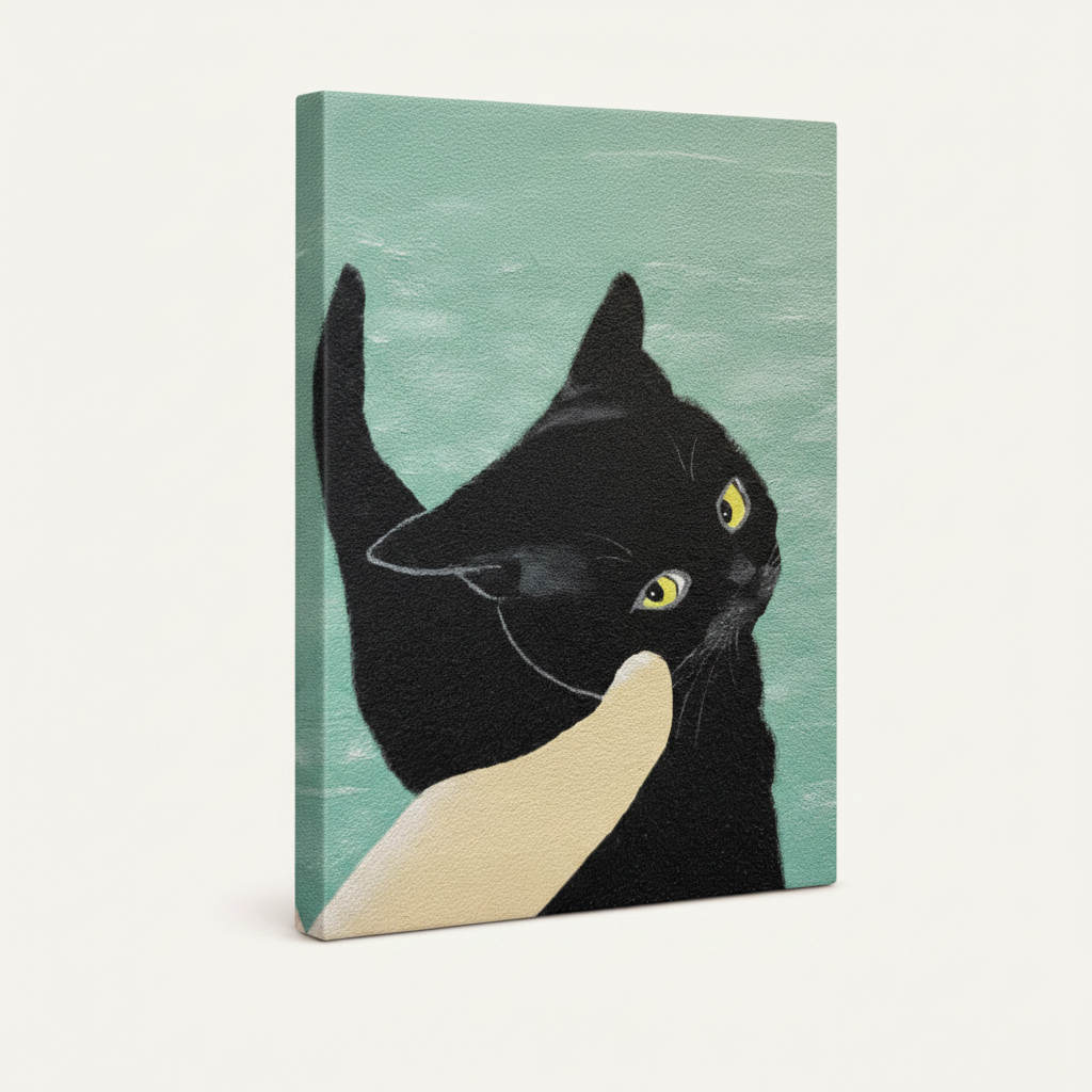 Quirky black cat canvas print with human finger pointing, gallery-wrapped on soft mint background