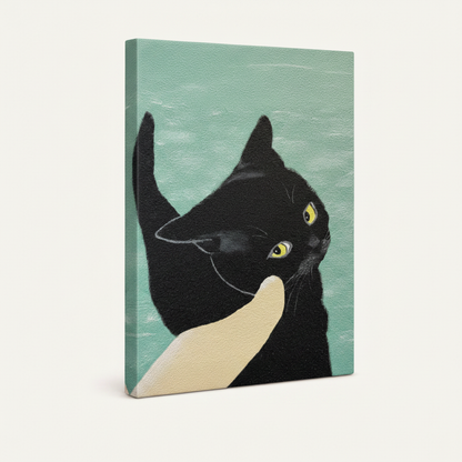 Quirky black cat canvas print with human finger pointing, gallery-wrapped on soft mint background