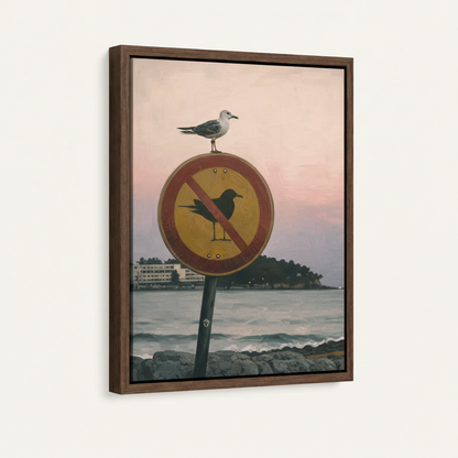 Framed seagull canvas wall art in dark walnut floating frame, 3/4 angle product view on white background