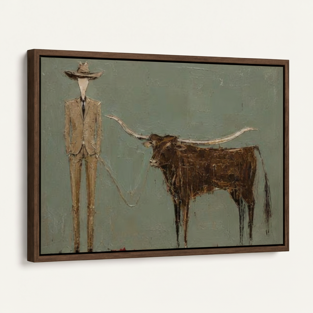 Dark walnut float frame canvas of cowboy and longhorn bull on white background, angled product view