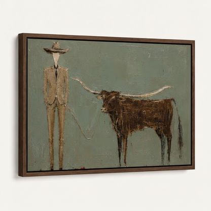 Dark walnut float frame canvas of cowboy and longhorn bull on white background, angled product view