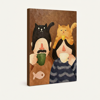 Gallery wrapped folk art canvas of couple with black cat and orange tabby in angled product view