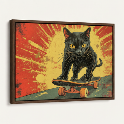 Dark walnut framed retro skater cat canvas angled product view on white background