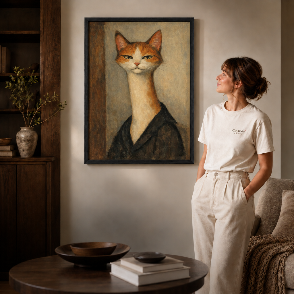 Black framed vintage orange cat portrait canvas displayed in a warm modern living room