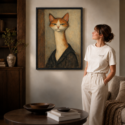 Black framed vintage orange cat portrait canvas displayed in a warm modern living room