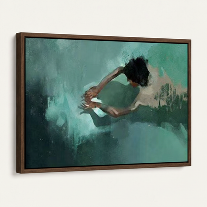 Framed expressionist teal figure canvas print, dark walnut frame angled product view