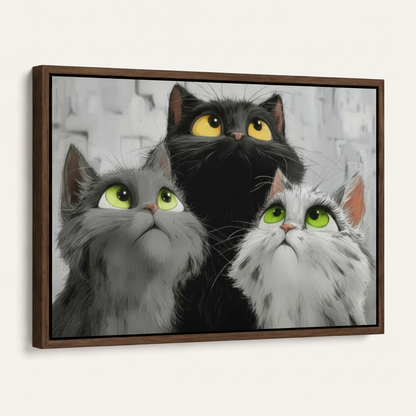 Dark walnut framed three cats canvas art angled product view on white background