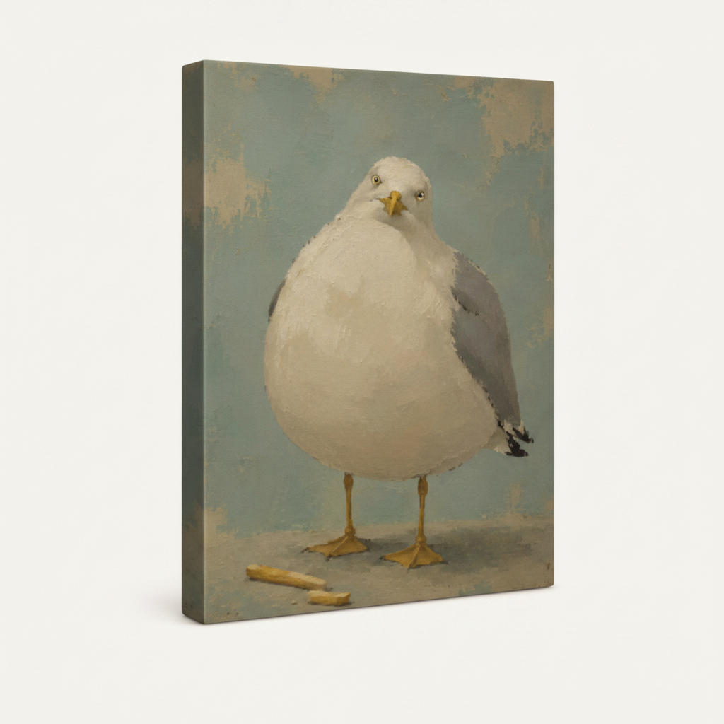 Gallery-wrapped seagull canvas print shown at 3/4 perspective angle with visible thick side edges on cream background