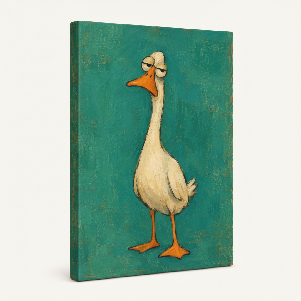 Gallery-wrapped canvas print of grumpy goose in teal oil illustration style, 3/4 side view