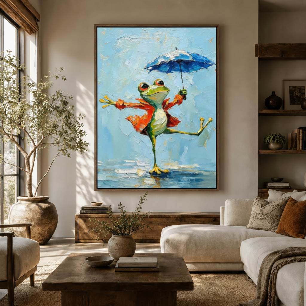 Energetic dancing frog blue umbrella impasto canvas in dark walnut frame above sideboard in warm living room