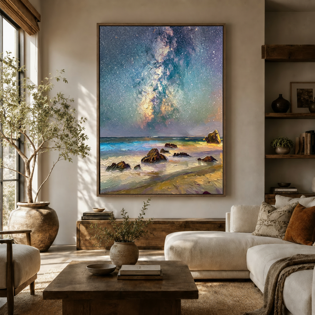 Large night sky galaxy canvas wall art hung above sideboard in warm modern living room