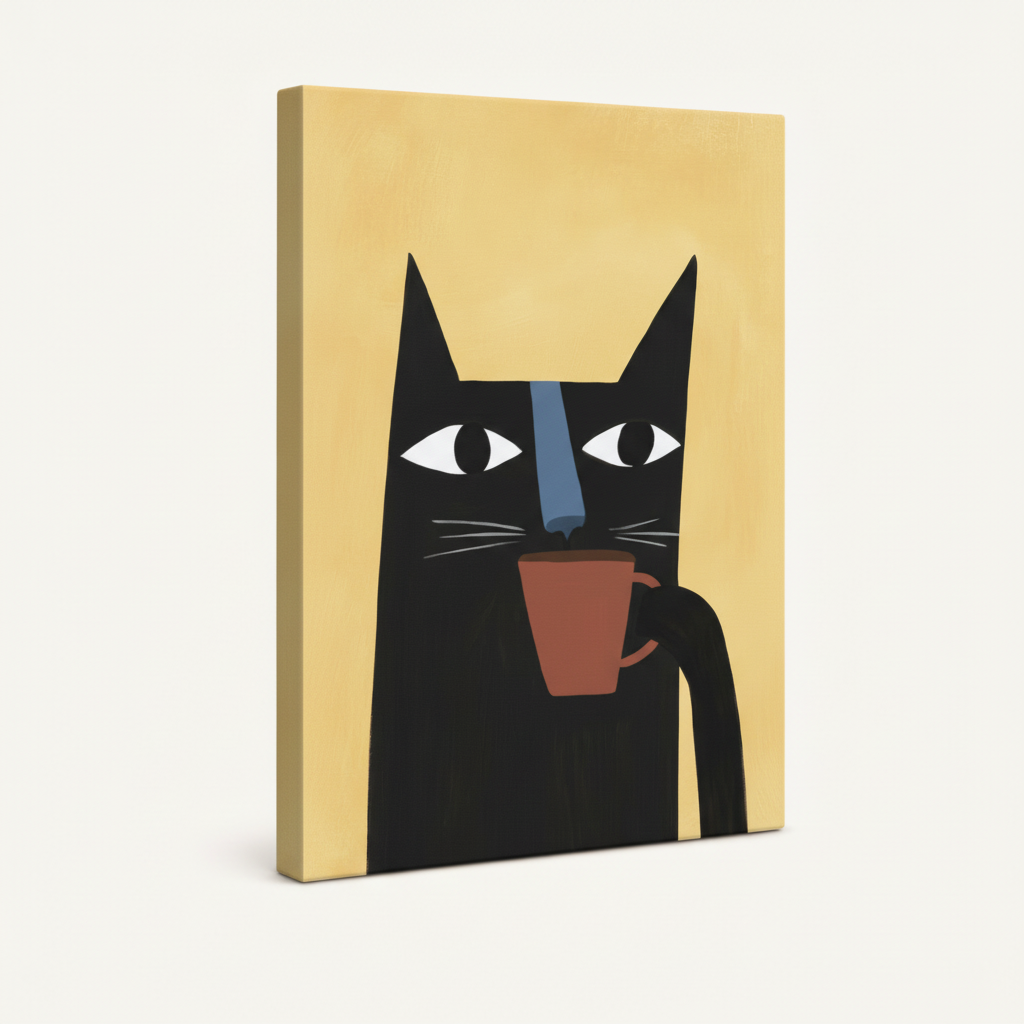 Gallery-wrapped black cat coffee canvas print, three-quarter angle showing canvas depth on neutral background