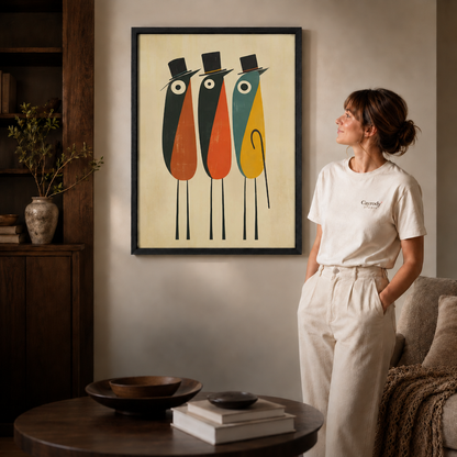 Black framed retro figure canvas wall art displayed in a warm modern living room