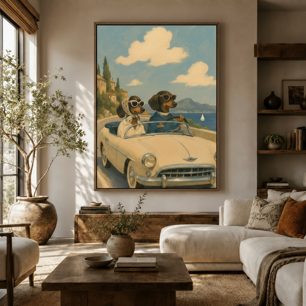 Retro dachshund convertible illustration canvas in walnut frame above rustic sideboard in warm modern living room
