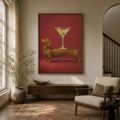Funny dachshund martini wall art displayed in bright entryway with arched doorway and linen chair