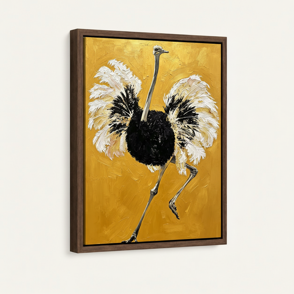 Framed ostrich canvas print at an angle showing dark walnut floater frame detail and golden impasto texture