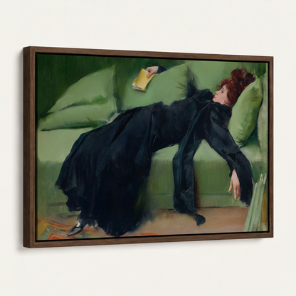 Framed impressionist woman oil painting canvas print with dark walnut float frame angled product view