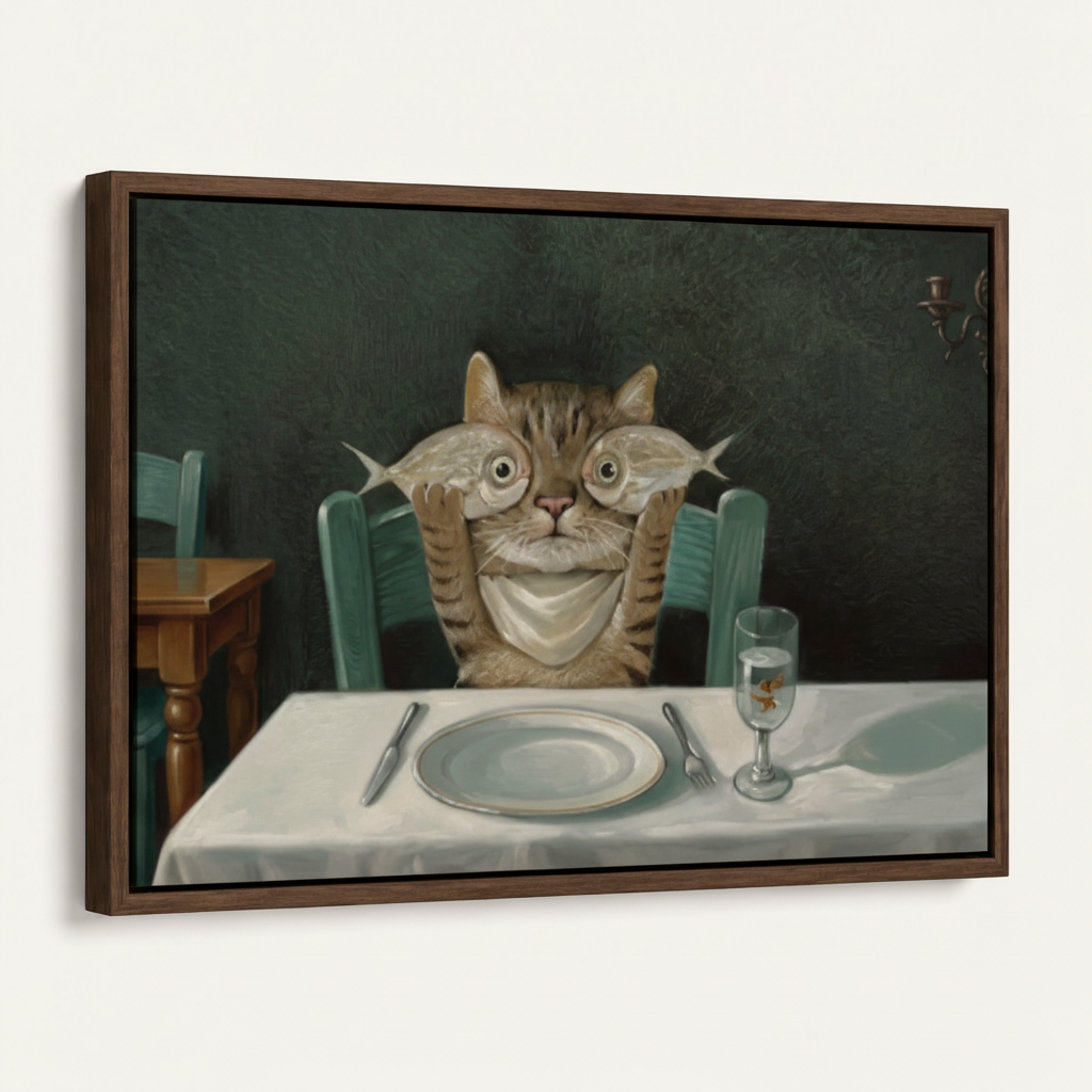Framed canvas funny cat wall art product mockup on white background angled view showing float frame detail