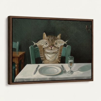 Framed canvas funny cat wall art product mockup on white background angled view showing float frame detail