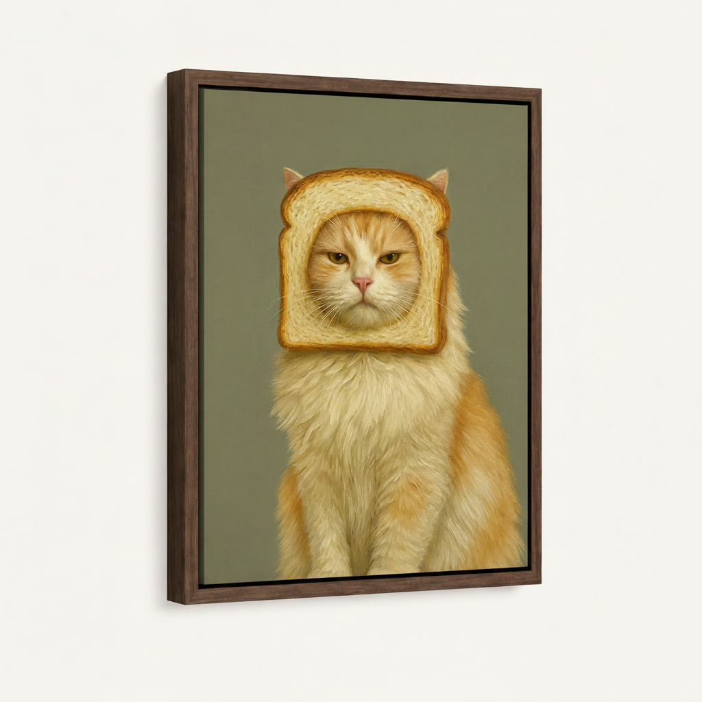 Framed canvas art print of fluffy cat wearing toast slice on white background