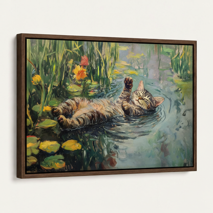 Dark walnut float frame canvas wall art side angle view on white background