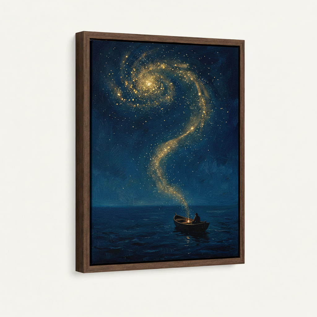 Framed galaxy canvas wall art in dark walnut floater frame, 3/4 angle product view on white background