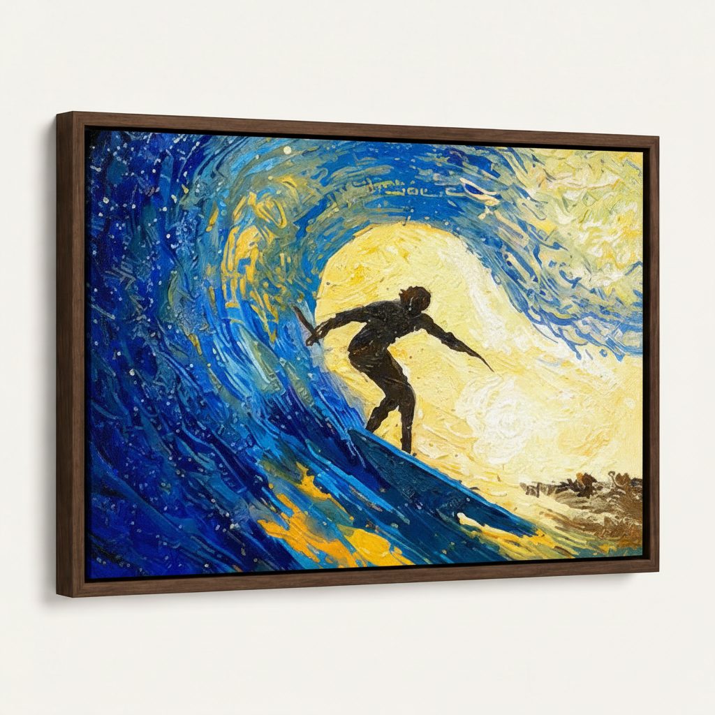 Surfer riding ocean wave Van Gogh style canvas in dark walnut floater frame on white background