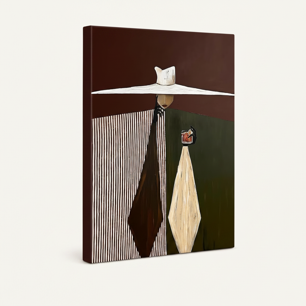 Gallery-wrapped canvas print at angle showing abstract female figure in burgundy and olive tones