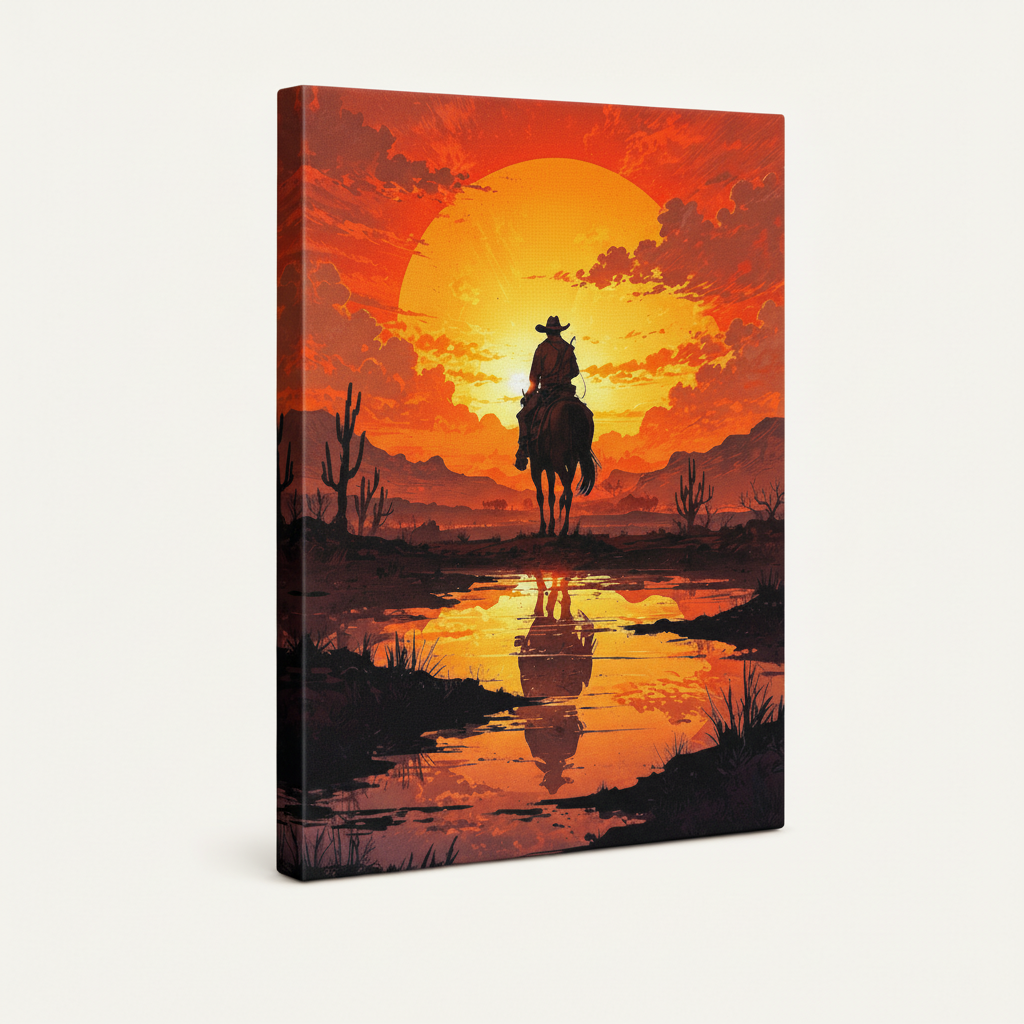 Gallery-wrapped canvas side view showing deep dark edges with bold cowboy sunset graphic art print