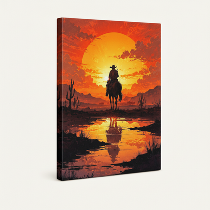 Gallery-wrapped canvas side view showing deep dark edges with bold cowboy sunset graphic art print