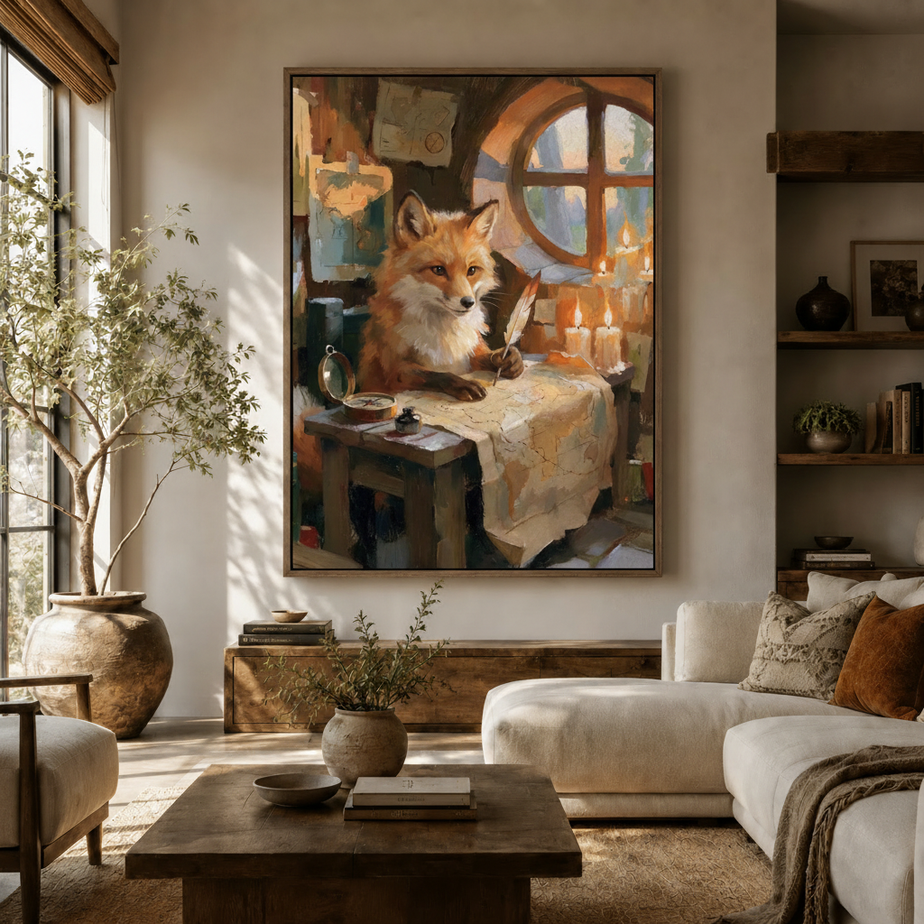 Warm storybook fox candlelit study canvas above sideboard as cozy living room wall art